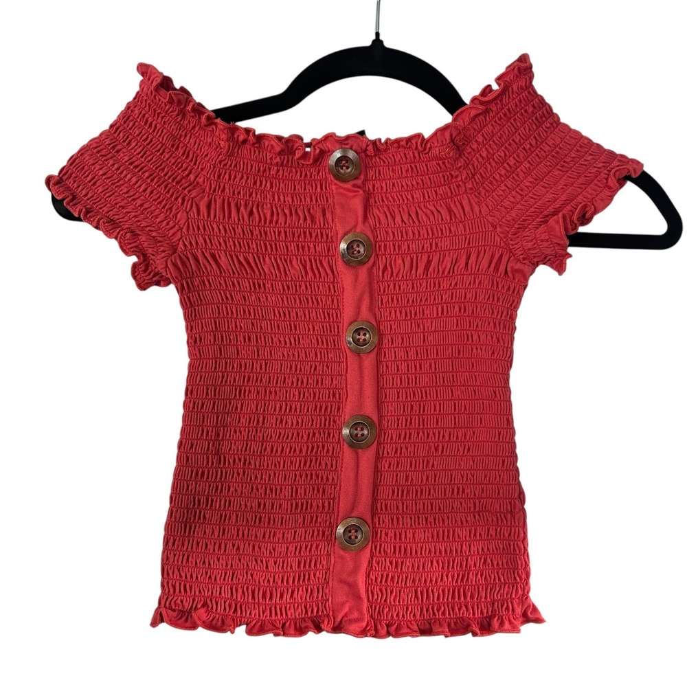 Y2K Coquette Smocked Off Shoulder Top XS Red Ruffle Button‎ Fitted Romantic